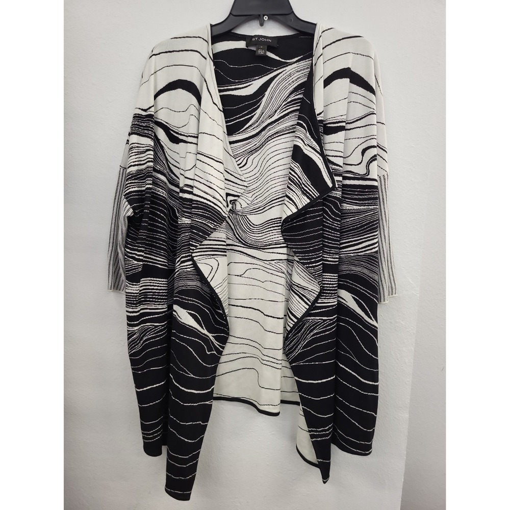 ST JOHN Abstract Black & White Open Front Cardigan, Size Medium